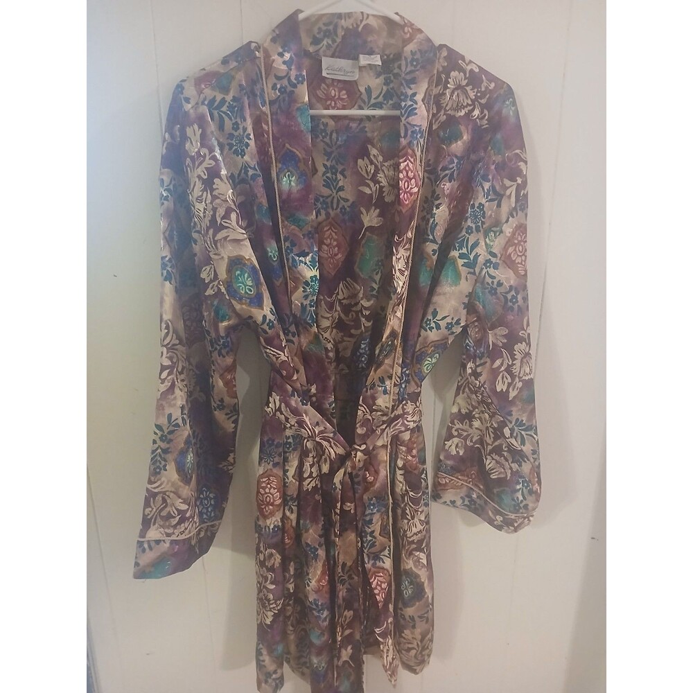 Vintage 80s Kathryn Women's  Medium Satin Short Robe Floral  Hollywood Boho Glam